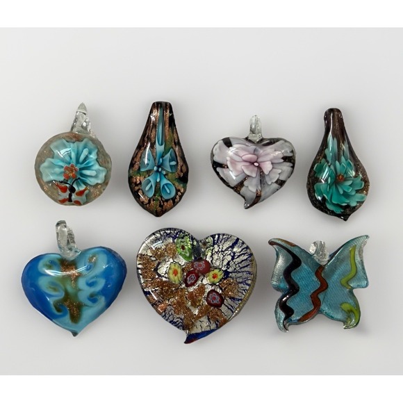The Unbranded Brand Other - Art Glass PENDANTS (7) Handmade Artisan Flower Butterfly Millefiori Heart Shapes